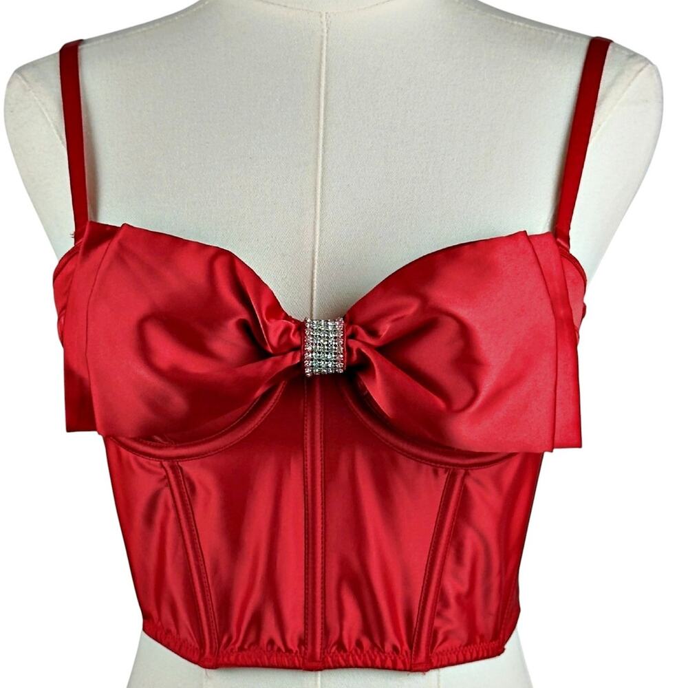 Victoria's Secret Bustier Corset Red Rhinestone Drama BOW Satin Angels Sexy